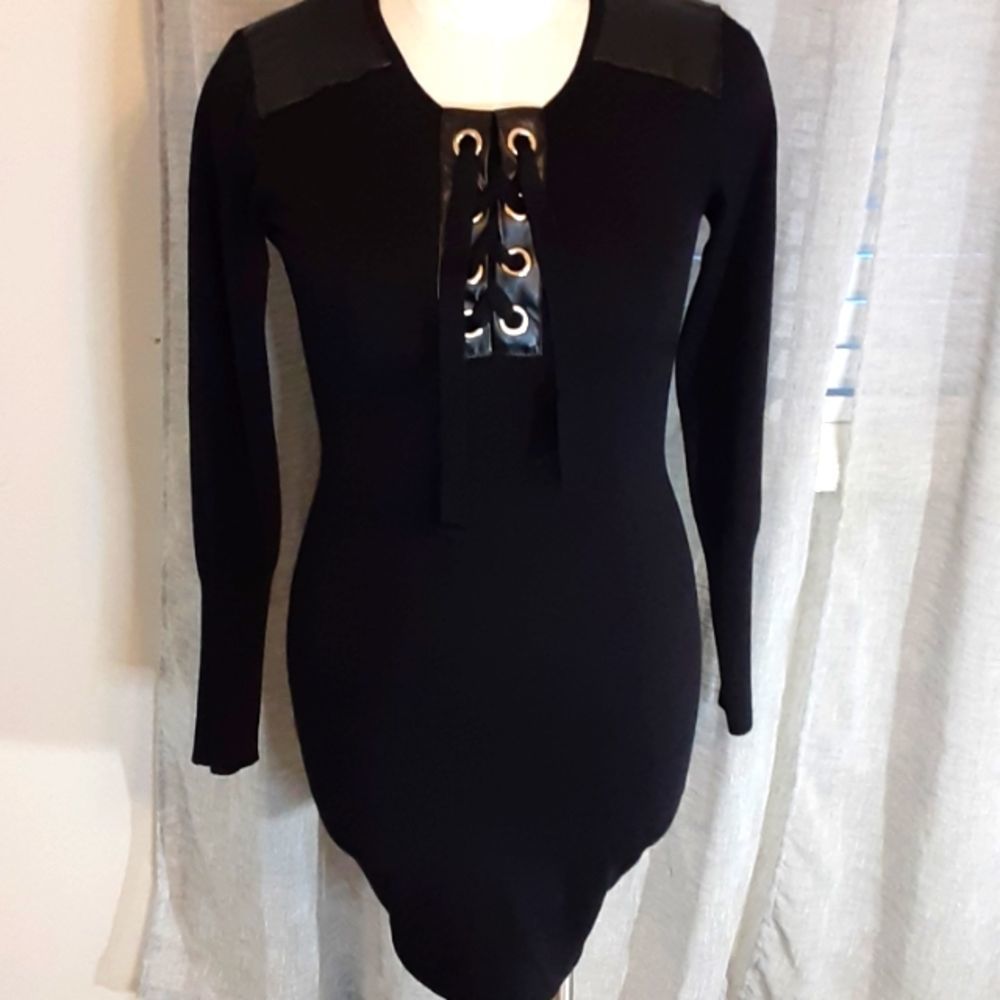 Say What? Black Long Sleeve Sweater Dress with Faux Leather Shoulder Pat…